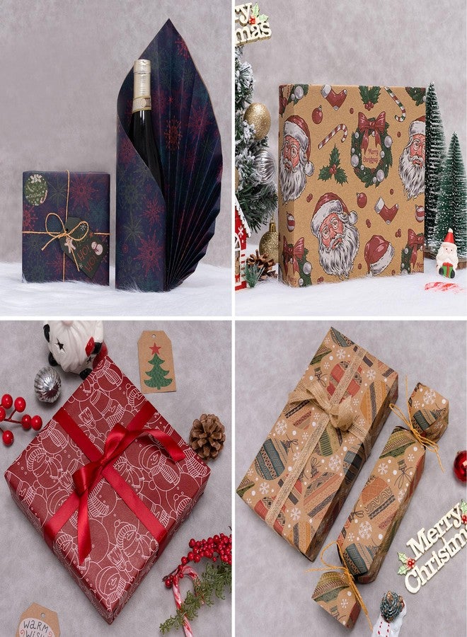 Toptime Christmas Wrapping Paper 8 Sheets, Folded Flat Kraft Gift Wrapping Paper with Stickers Tags Paper String, Vintage Brown Christmas Gift Wrap with Santa Claus Snowmans Snowflakes Xmas Ball - Image 5